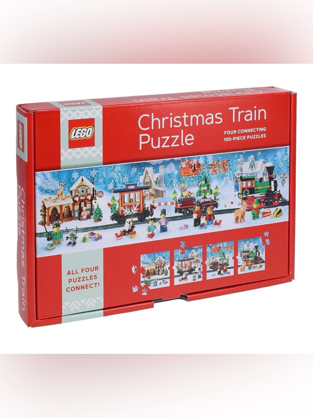 NEW • Lego Christmas Train Puzzle, Four Connecting 100-Piece Jigsaw Puzzles